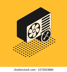 Isometric Air conditioner with screwdriver and wrench icon isolated on yellow background. Adjusting, service, setting, maintenance, repair, fixing.  Vector Illustration