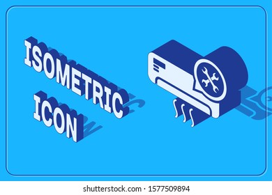 Isometric Air conditioner with screwdriver and wrench icon isolated on blue background. Adjusting, service, setting, maintenance, repair, fixing.  Vector Illustration