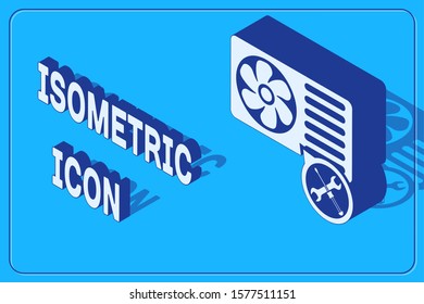Isometric Air conditioner with screwdriver and wrench icon isolated on blue background. Adjusting, service, setting, maintenance, repair, fixing.  Vector Illustration