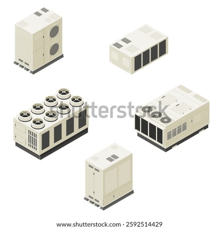 Isometric air conditioners condensing units Chiller, HVAC for commercial properties and factories Vector Icon Illustration