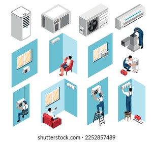 Isometric air conditioning icons set with cooling technic installation isolated vector illustration