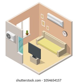 Isometric air conditioning system climate control low poly living room interiors vector set