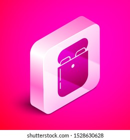 Isometric Air headphones in box icon icon isolated on pink background. Holder wireless in case earphones garniture electronic gadget. Silver square button. Vector Illustration