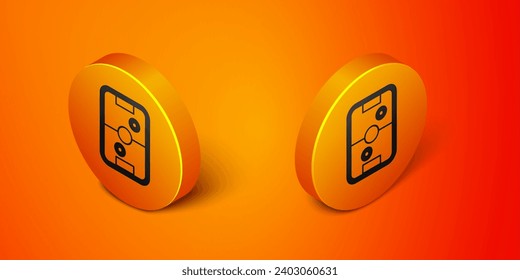 Isometric Air hockey table icon isolated on orange background. Orange circle button. Vector