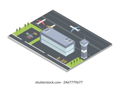 Isometric air logistics concept with plane at airport isolated vector illustration.