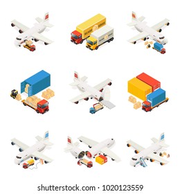 Isometric air logistics elements collection with airplane loading process cargo transportation truck delivery service isolated vector illustration