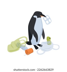 Isometric air pollution composition with isolated images of plastic waste with suffering sea animals vector illustration