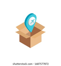 Isometric air transportation symbol, 3d map pointer with airplane icon in open cardboard box isolated on white. Avia logistics concept. Vector Illustration for design, infographic, web, app, ad