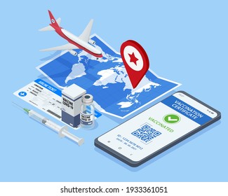 Isometric Air travel world globe airline tickets. Mobile phone with immune digital health passport for covid-19. COVID-19 Immunity Passport, immunity certificate, vaccination. Air travel concept