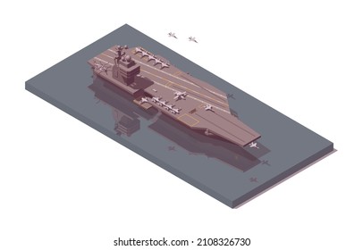 Isometric Aircraft Carrier Vessel. Low Poly Navy Ship With Fighters. Vector Illustrator. Collection