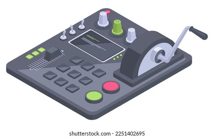 Isometric aircraft dashboard. Spaceship control panel with controllers, buttons and sliders 3d vector illustration on white background