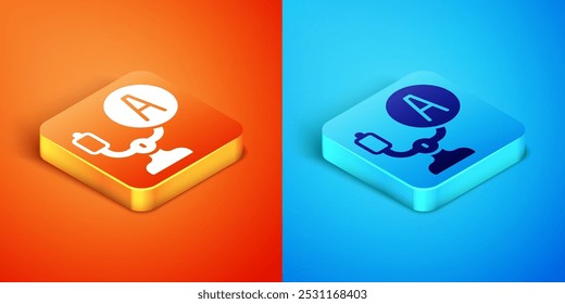 Isometric Aircraft steering helm icon isolated on orange and blue background. Aircraft control wheel.  Vector