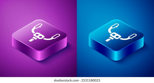 Isometric Aircraft steering helm icon isolated on blue and purple background. Aircraft control wheel. Square button. Vector