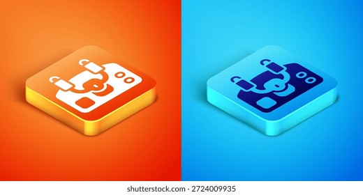Isometric Aircraft steering helm icon isolated on orange and blue background. Aircraft control wheel.  Vector
