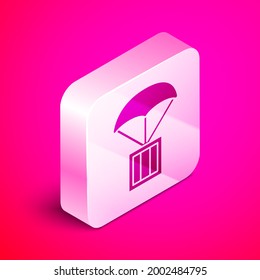 Isometric Airdrop box icon isolated on pink background. Silver square button. Vector