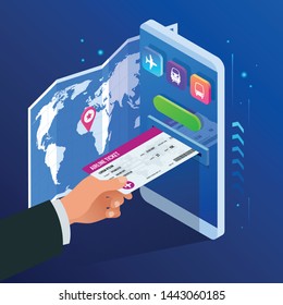 Isometric Airline or Bus or Train tickets online. Buying or booking online ticket. Travel, business flights worldwide. Boarding pass