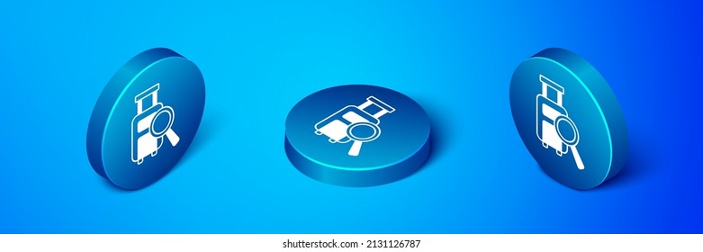 Isometric Airline service of finding lost baggage icon isolated on blue background. Search luggage. Blue circle button. Vector