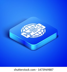 Isometric Airline ticket icon isolated on blue background. Plane ticket. Blue square button. Vector Illustration