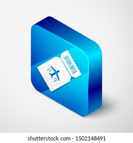 Isometric Airline ticket icon isolated on white background. Plane ticket. Blue square button. Vector Illustration