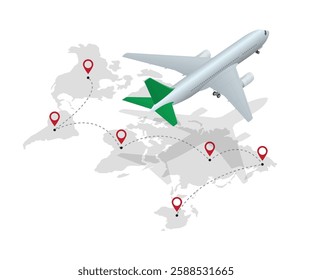 Isometric airplane flying over a world map with dotted route and destination pins. Vector illustration. Stock illustration