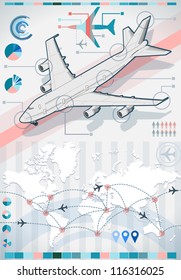 Isometric Airplane Infographic. 3D Diagram Aviation plane Vector. Isometric Boeing Infographic Airbus. Chart Travel Icon Vector Illustration. Airplane Diagram Transport Sign Blue Engine Fly Pilot Set