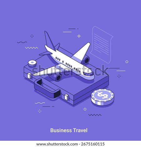 Isometric airplane on briefcase with dollar coin. Corporate transport and global trip concept. Business travel outline cartoon vector illustration for marketing.