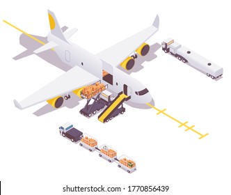 Isometric airplane in the parking lot preparing for departure. Loading cargo and baggage, airplane ground service cars around. Concept scene.