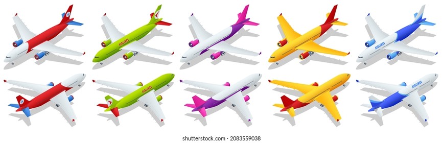 Isometric Airplane passenger plane. Business aircraft, Corporate jet. An airliner, aircraft for transporting passengers and air cargo.