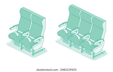 Isometric airplane seats. Vector illustration. Economy class seats. Outline objects isolated on white background. Aircraft interior armchair.