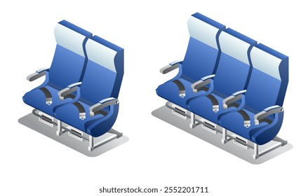 Assentos isométricos do avião. Ilustração vetorial. Lugares da classe econômica. Objetos isolados no plano de fundo branco. Poltrona interior da aeronave.