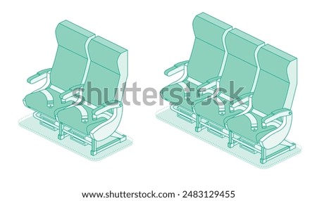 Isometric airplane seats. Vector illustration. Economy class seats. Outline objects isolated on white background. Aircraft interior armchair.