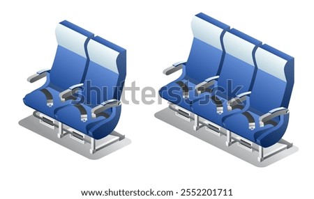 Isometric airplane seats. Vector illustration. Economy class seats. Objects isolated on white background. Aircraft interior armchair.