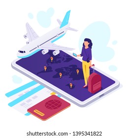 Isometric airplane travel. Traveler suitcase, airplane travels and traveling 3d vector illustration