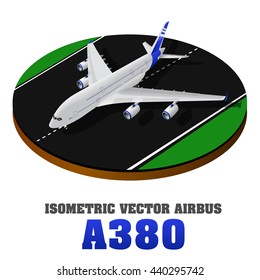 Isometric airplane.Top view. Vector illustration. Airplane landing or taking off of runway. Airplane A 380 model. Picture of civilian plane standing on landing strip, flat style illustration. 