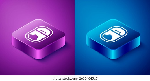 Isometric Airplane window icon isolated on blue and purple background. Aircraft porthole. Square button. Vector