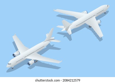 Isometric Airplanes on Blue Background. Industrial Blueprint of Airplane. Airliner A-320 in Top