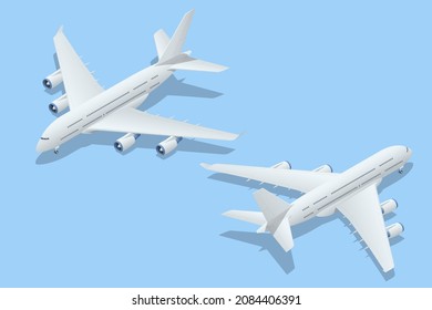 Isometric Airplanes on Blue Background. Industrial Blueprint of Airplane. Airbus Industries EADS Airbus A380 super jumbo large wide body passenger