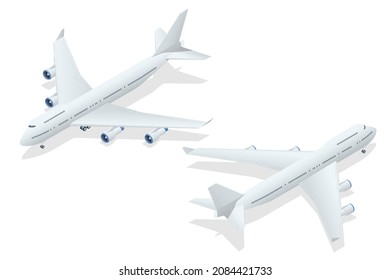 Isometric Airplanes on Blue Background. Industrial Blueprint of Airplane. Airbus Industries Airplane B-747 super jumbo large wide body passenger svg