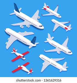 Isometric airplanes. Passenger jet airplane, private aircraft and airline plane. Aviation planes, aerial flight vehicles or aircraft private airplanes 3d isolated vector icons set