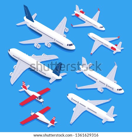 Isometric airplanes. Passenger jet airplane, private aircraft and airline plane. Aviation planes, aerial flight vehicles or aircraft private airplanes 3d isolated vector icons set