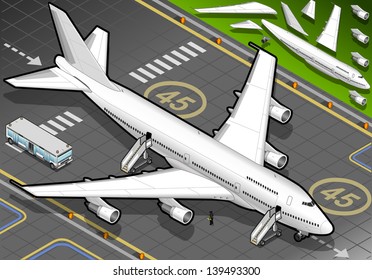 Isometric Airport Aircraft White Airplane Passenger Landed. Shuttle Vehicle Front View.
Tourism Airplane Infographic 3d Plane Ticket Tour Trip Airport Isometric Vector Illustration