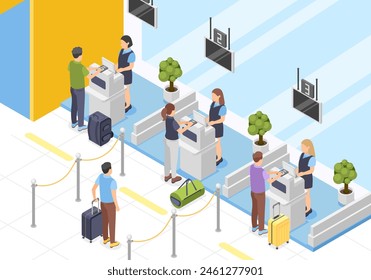 Isometric airport baggage tape and check in service. Passengers registration plane process. People with suitcases waiting, flawless vector scene