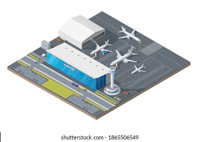 Isometric airport building with airplanes on runway and traffic control tower. 3d vector passenger terminal infrastructure, airport facade with facilities and transport bus, taxi cars and fuel trucks