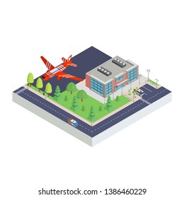 isometric airport building modern and passenger plane
