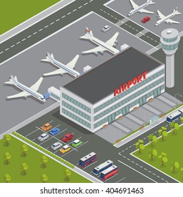 Isometric Airport Building. Terminal With Planes. Passenger Airplane. Vector Illustration 