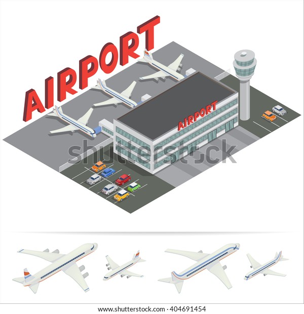 Isometric Airport Building\
with Terminal and Planes. Passenger Airplane. Vector flat 3d\
illustration 