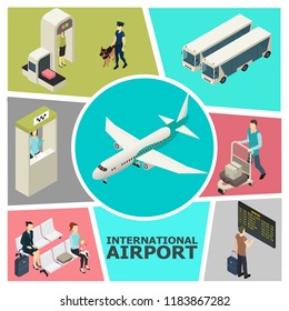 Isometric airport colorful template with customs control check-in desk passengers in waiting hall buses departure board airplane vector illustration