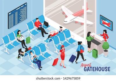 Isometric airport composition with indoor view of lounge near gate with electronic table and airplane images vector illustration