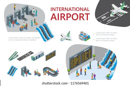 Isometric airport composition with passengers pass customs and passport controls airplanes airline escalators ladder bus airplanes departure board baggage conveyor belt vector illustration