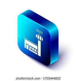 Isometrisches Flughafenkontrollturm Symbol einzeln auf weißem Hintergrund. Blauer Quadrat-Knopf. Vektorillustration-Illustration